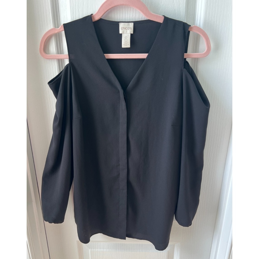 Chicos Womens Blouse Top Black Long Sleeve Cold Shoulder Hidden Button Size 0 P